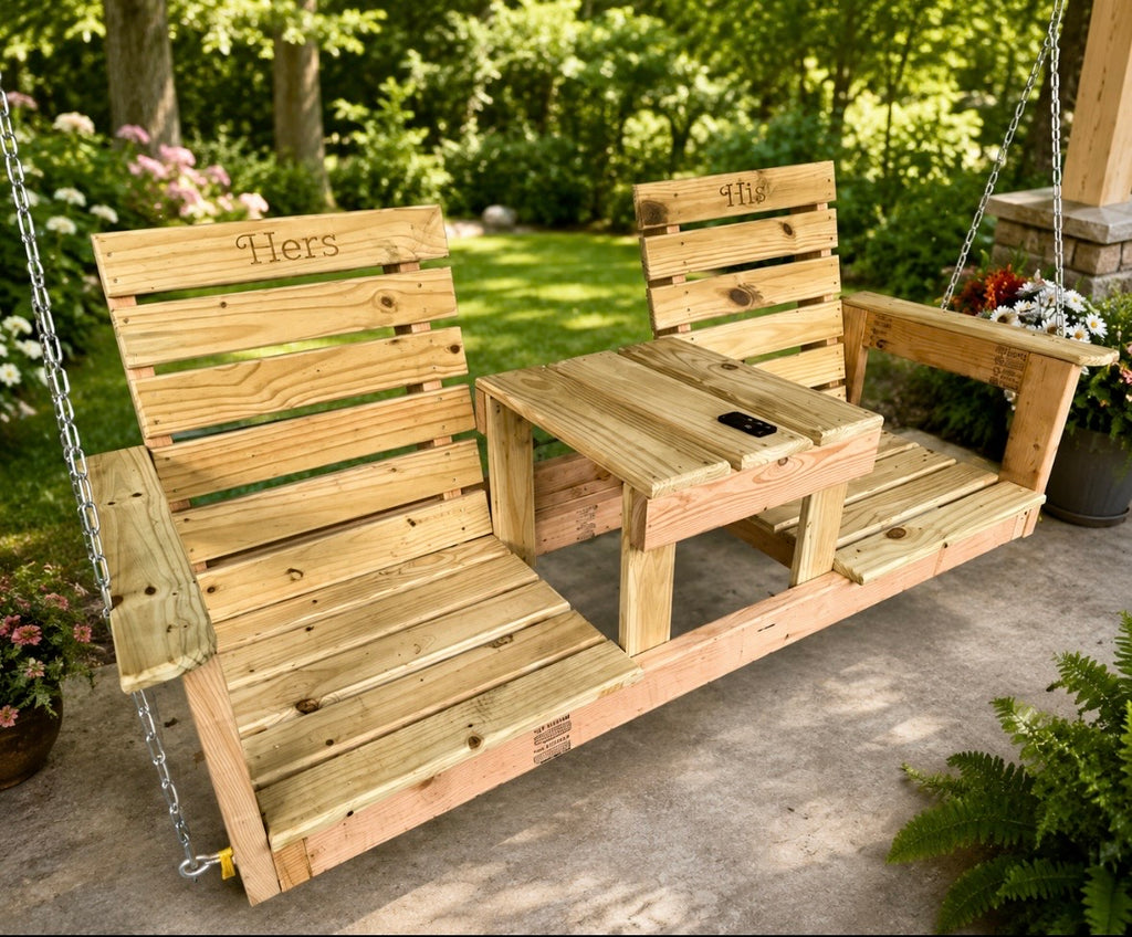 Handcrafted Wooden Two Seater Swing with Center Table – Spruce & Pine